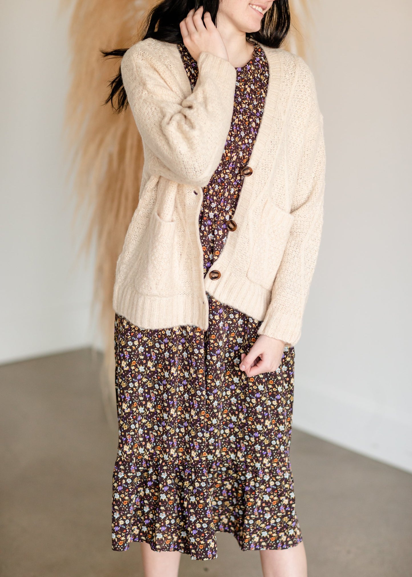 Vintage Soft Cable Knit Long Sleeve Button Front Cardigan Tops Tulip B