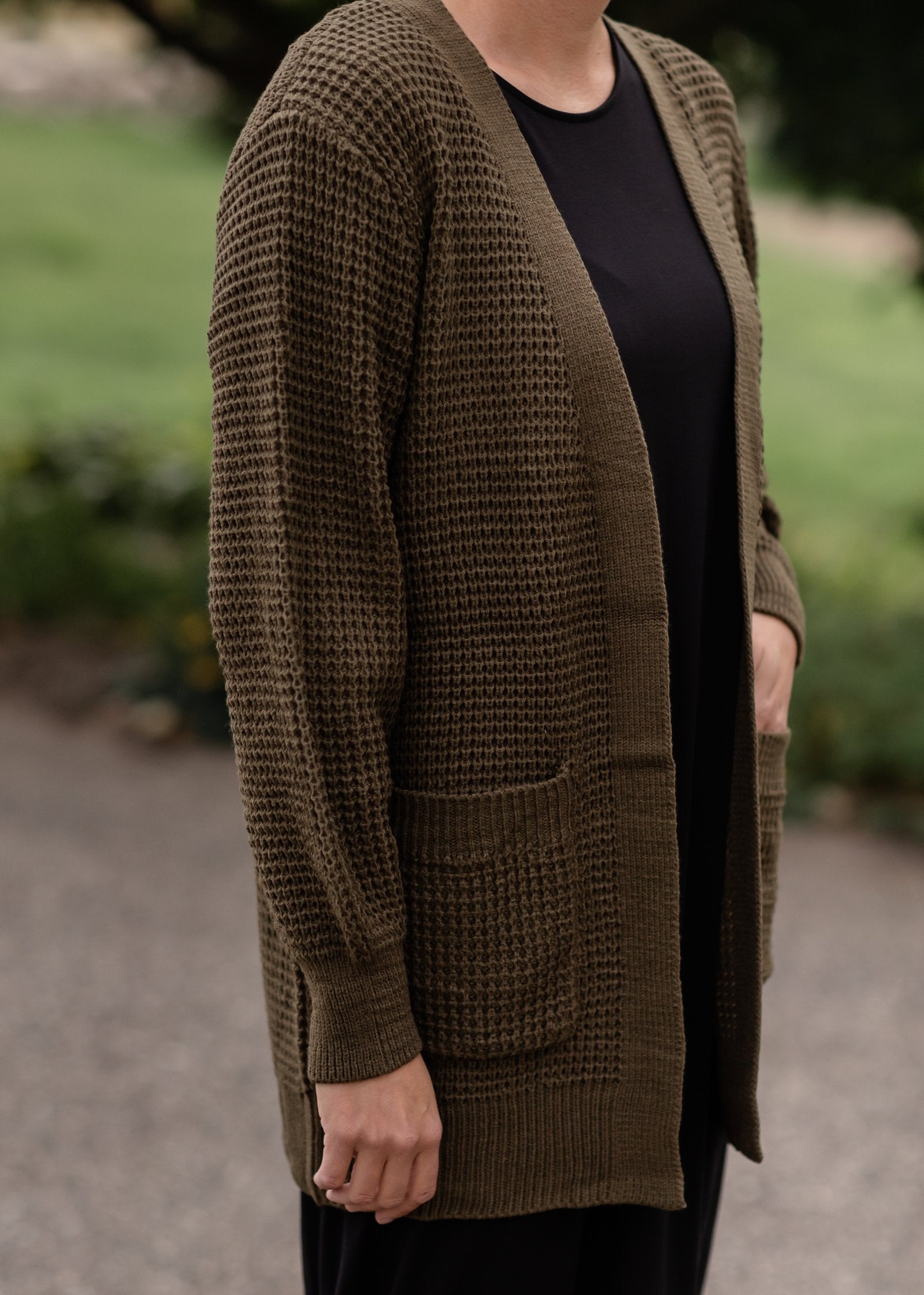 Waffle Knit Open Front Olive Cardigan Tops Zenana