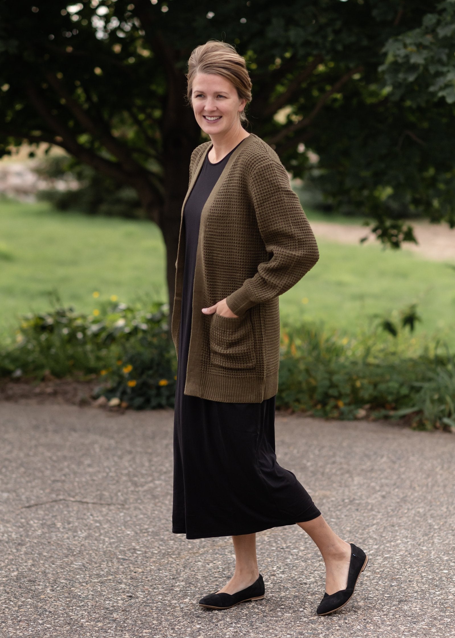 Waffle Knit Open Front Olive Cardigan Tops Zenana