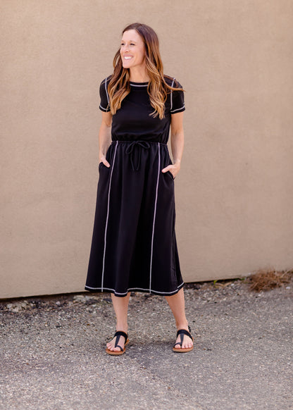 Waist Tie Short Sleeve Midi Dress Dresses Black / S