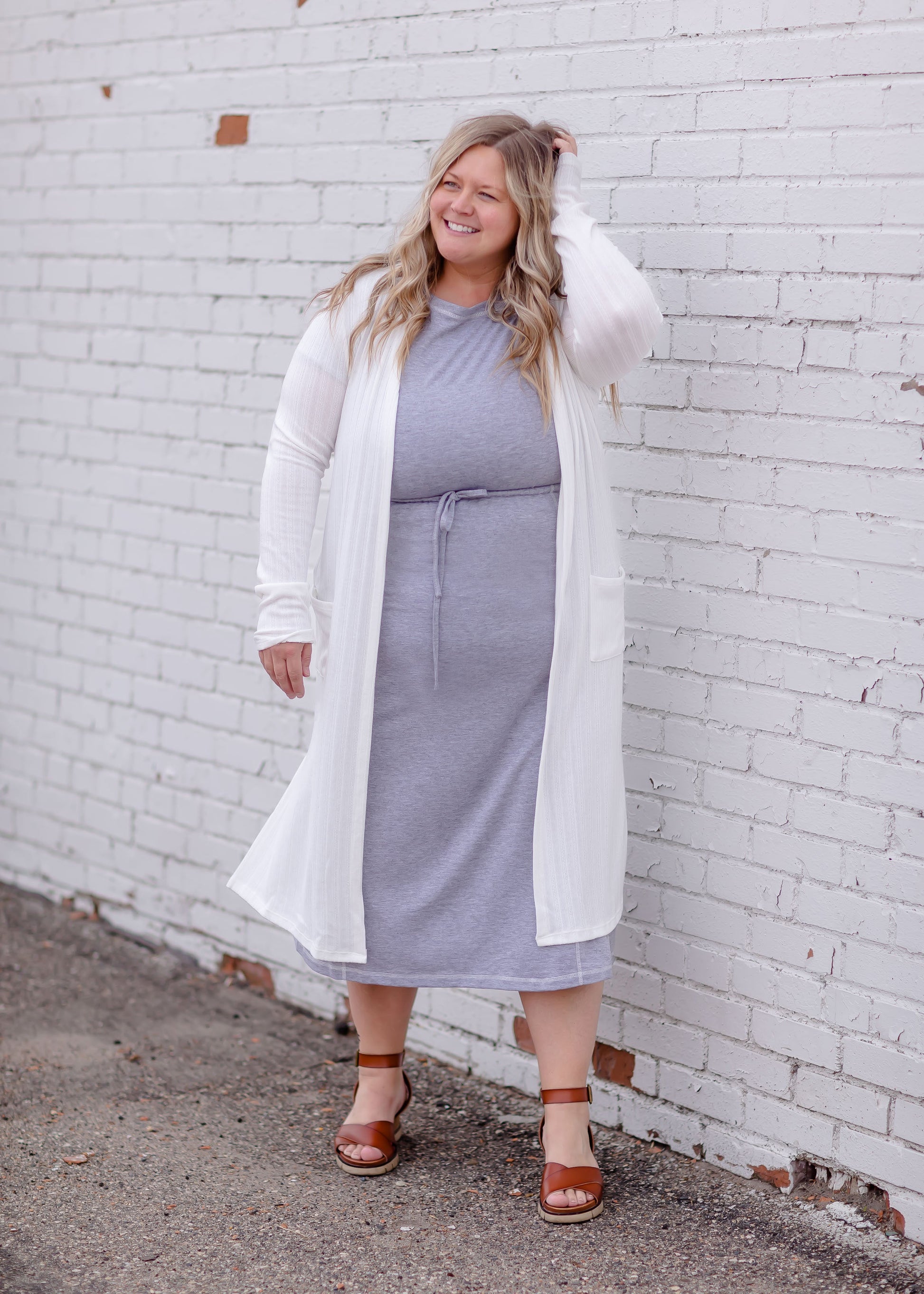 Waist Tie Short Sleeve Midi Dress Dresses Gray / S