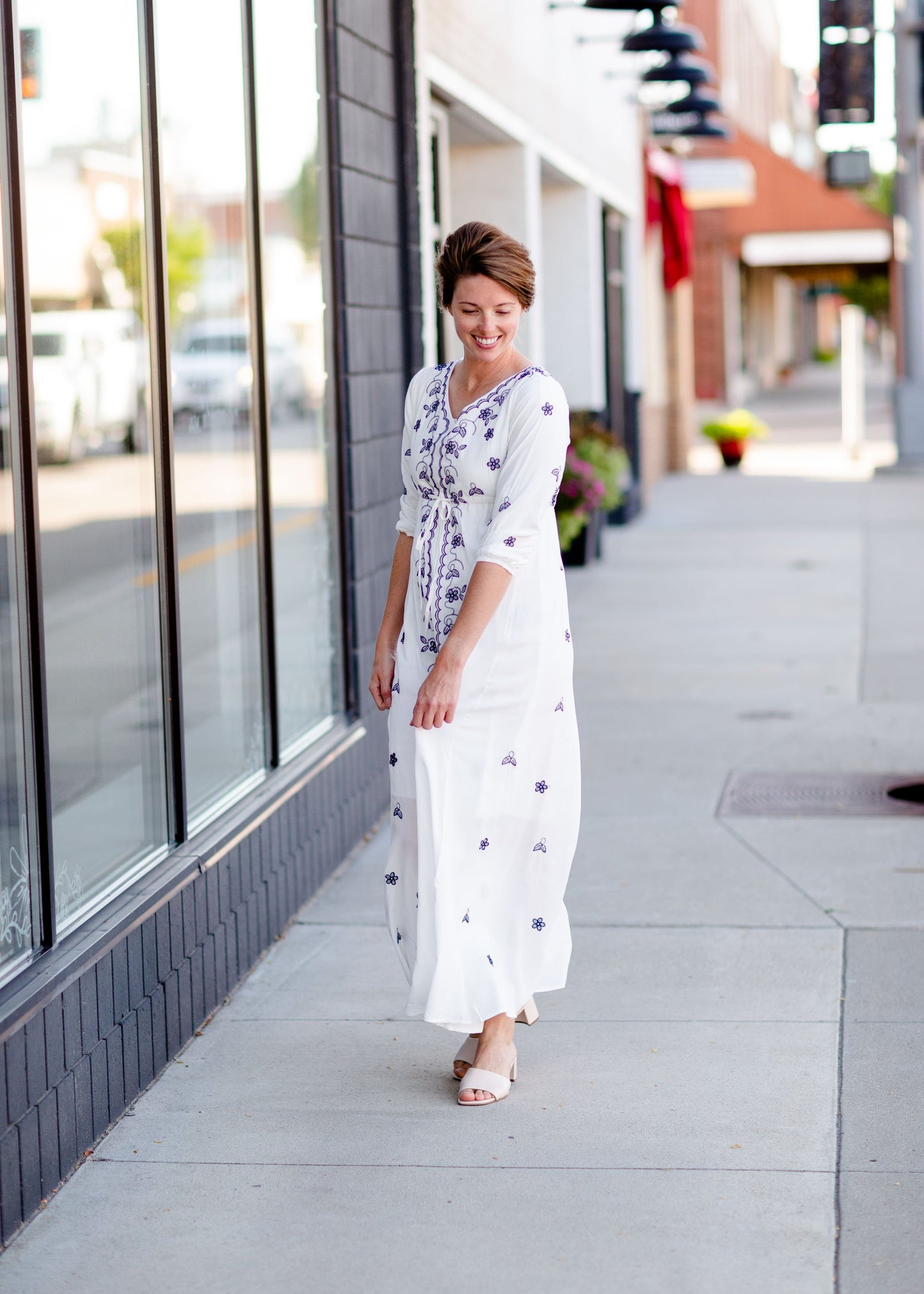 White and Navy Embroidered Maxi Dress Dresses Mikarose