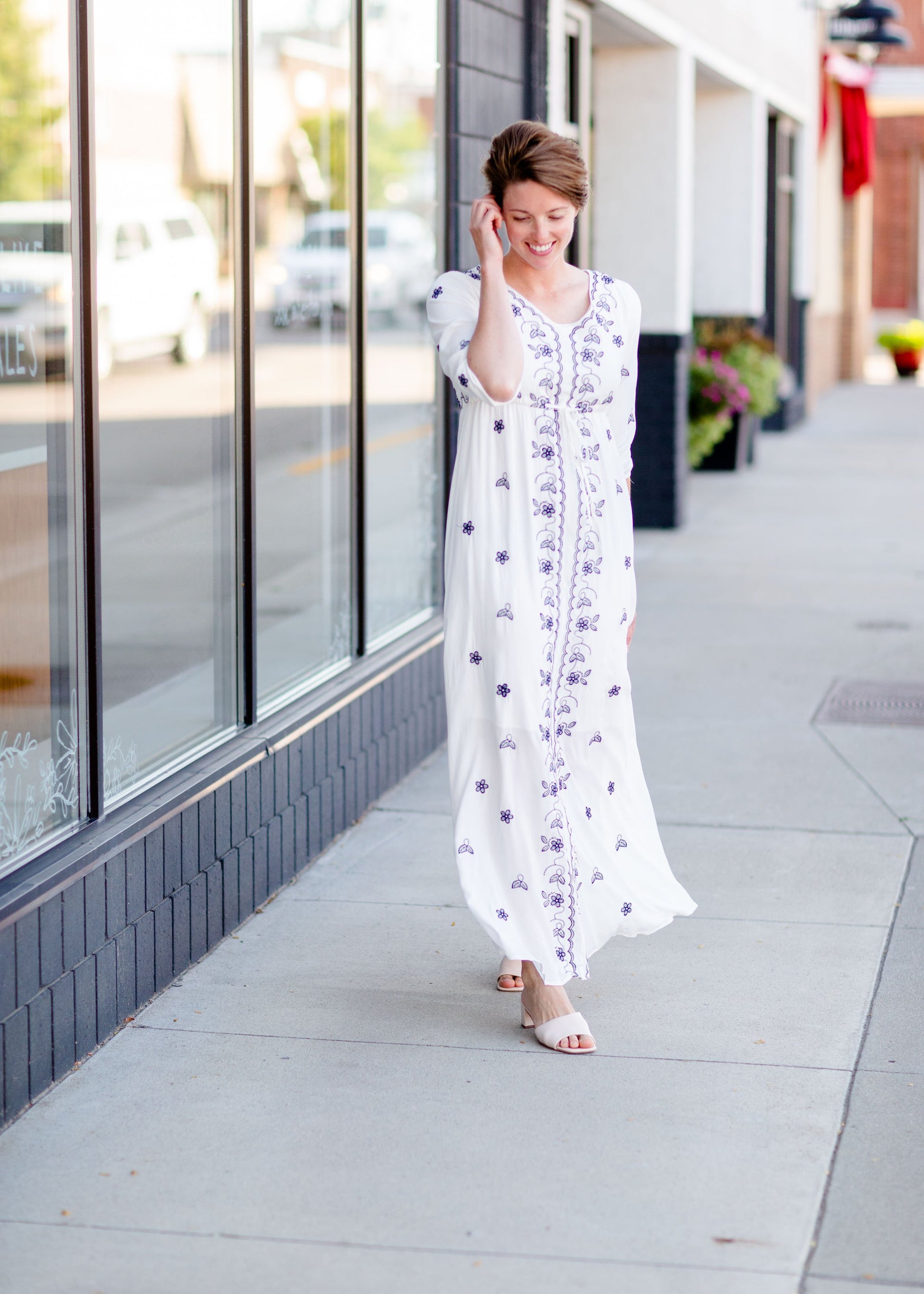 White and Navy Embroidered Maxi Dress Dresses Mikarose