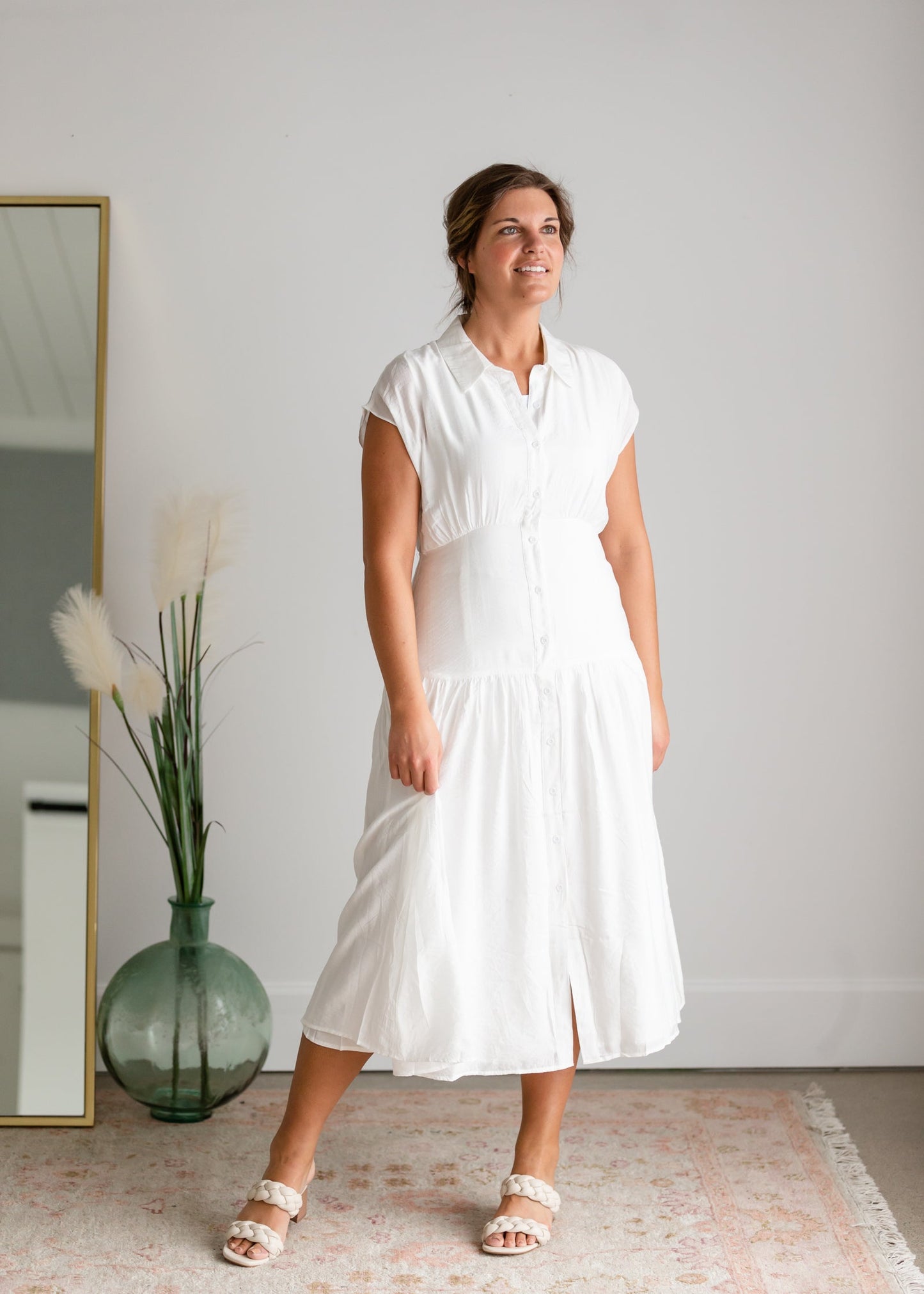 White Button Up Cap Sleeve Midi Dress Dresses Mod Ref