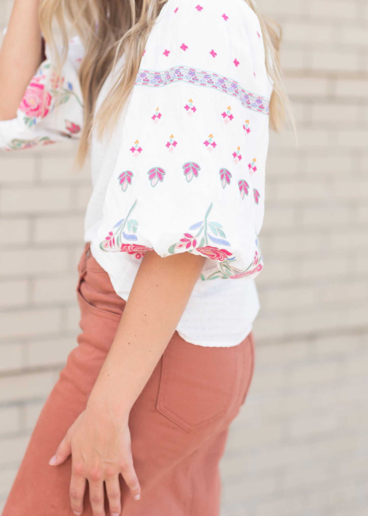 White Embroidered Balloon Sleeve Textured Top Tops