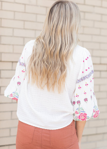 White Embroidered Balloon Sleeve Textured Top Tops