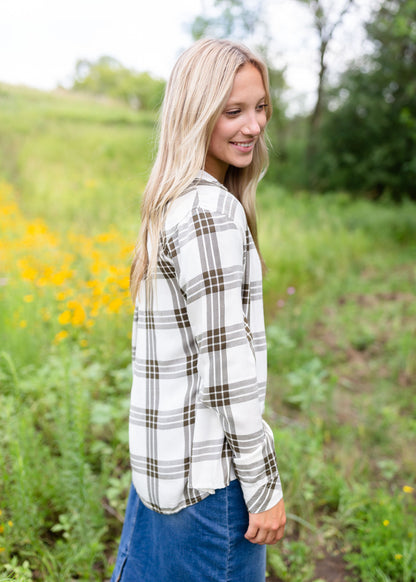 White & Olive Plaid Button Up Top Tops