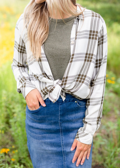White & Olive Plaid Button Up Top Tops