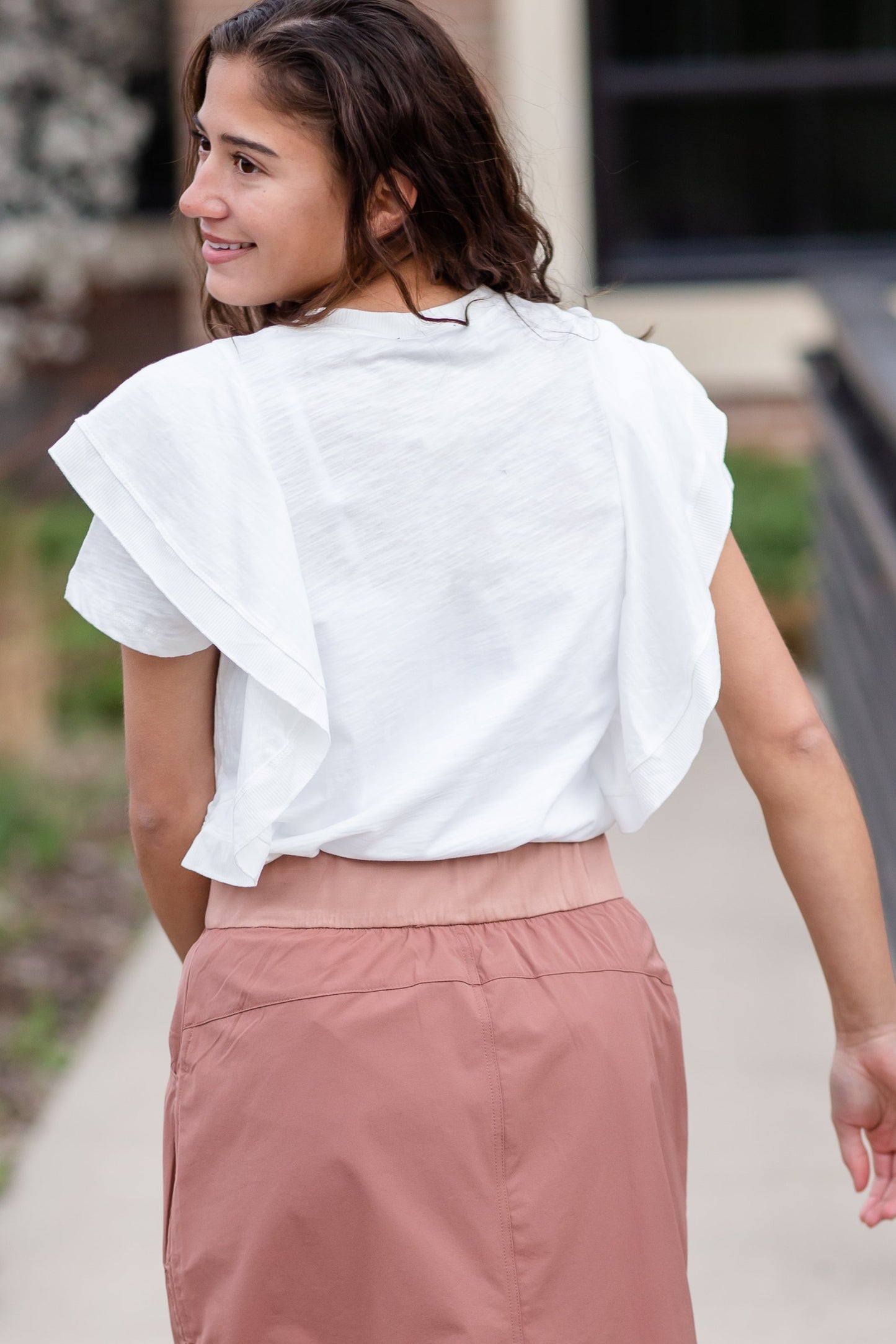 White Ribbed Ruffle Knit Top Tops