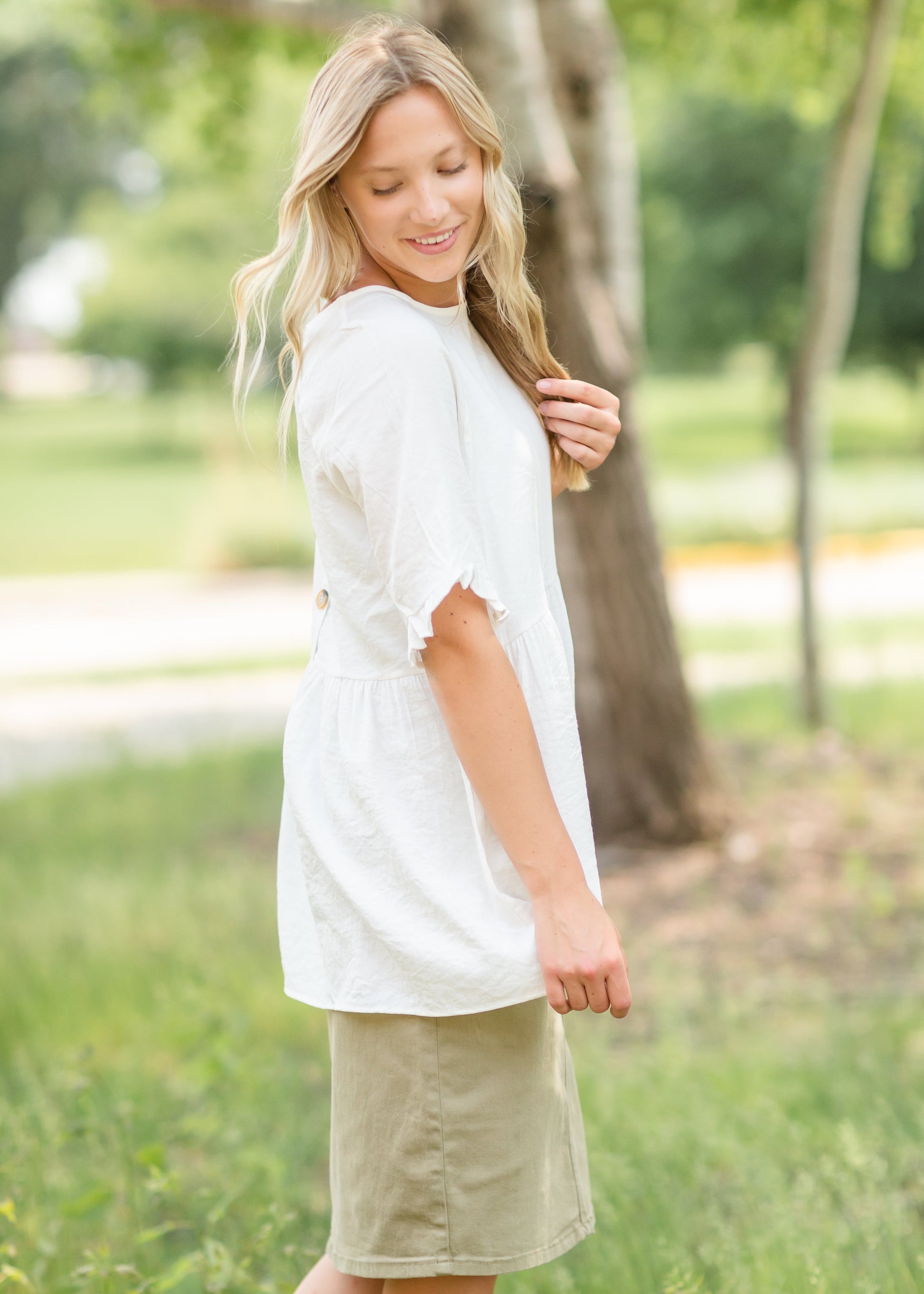 White Ruffle Sleeve Button Up Blouse Tops