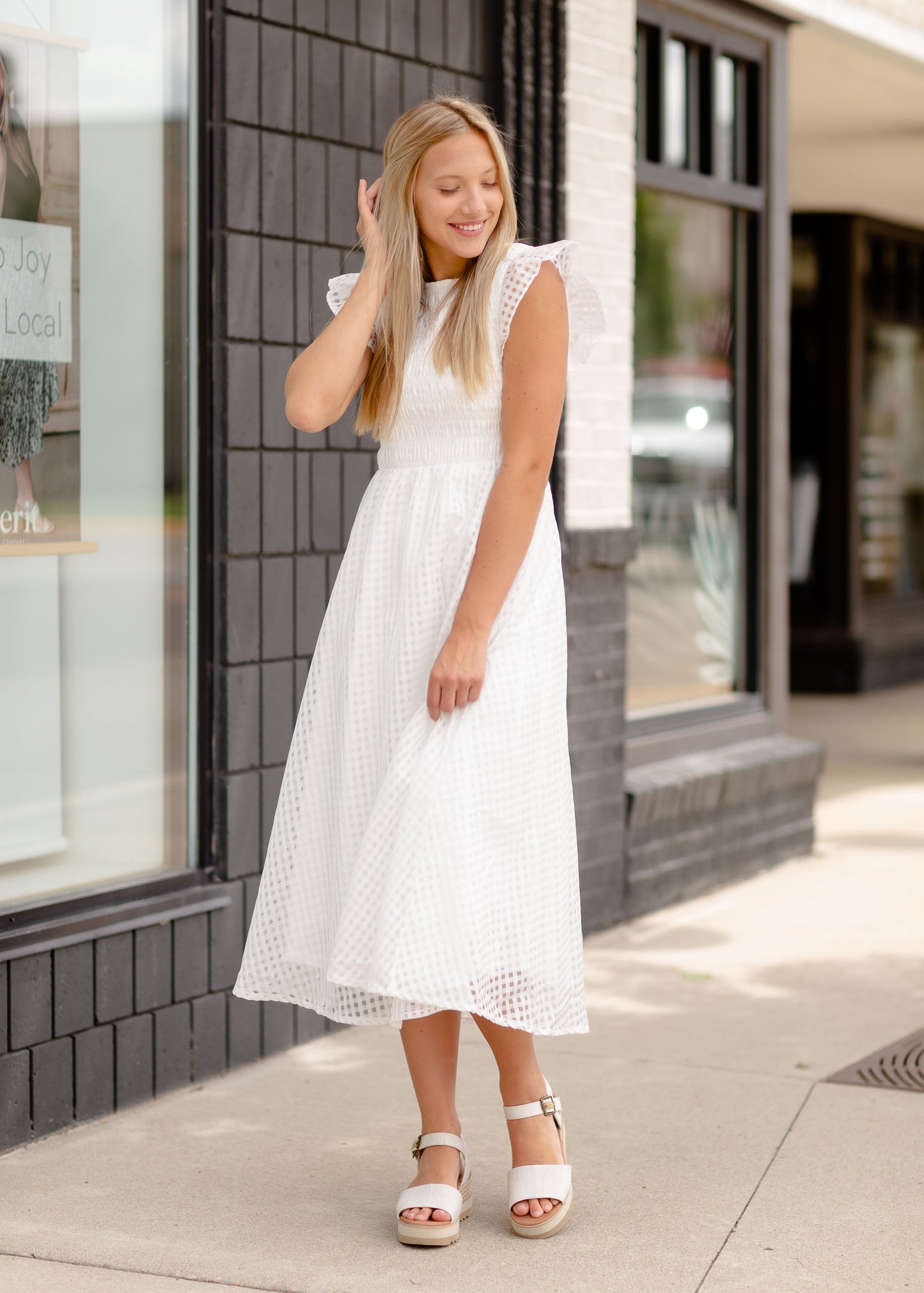 White Smocked Flutter Sleeve Midi Dress Dresses
