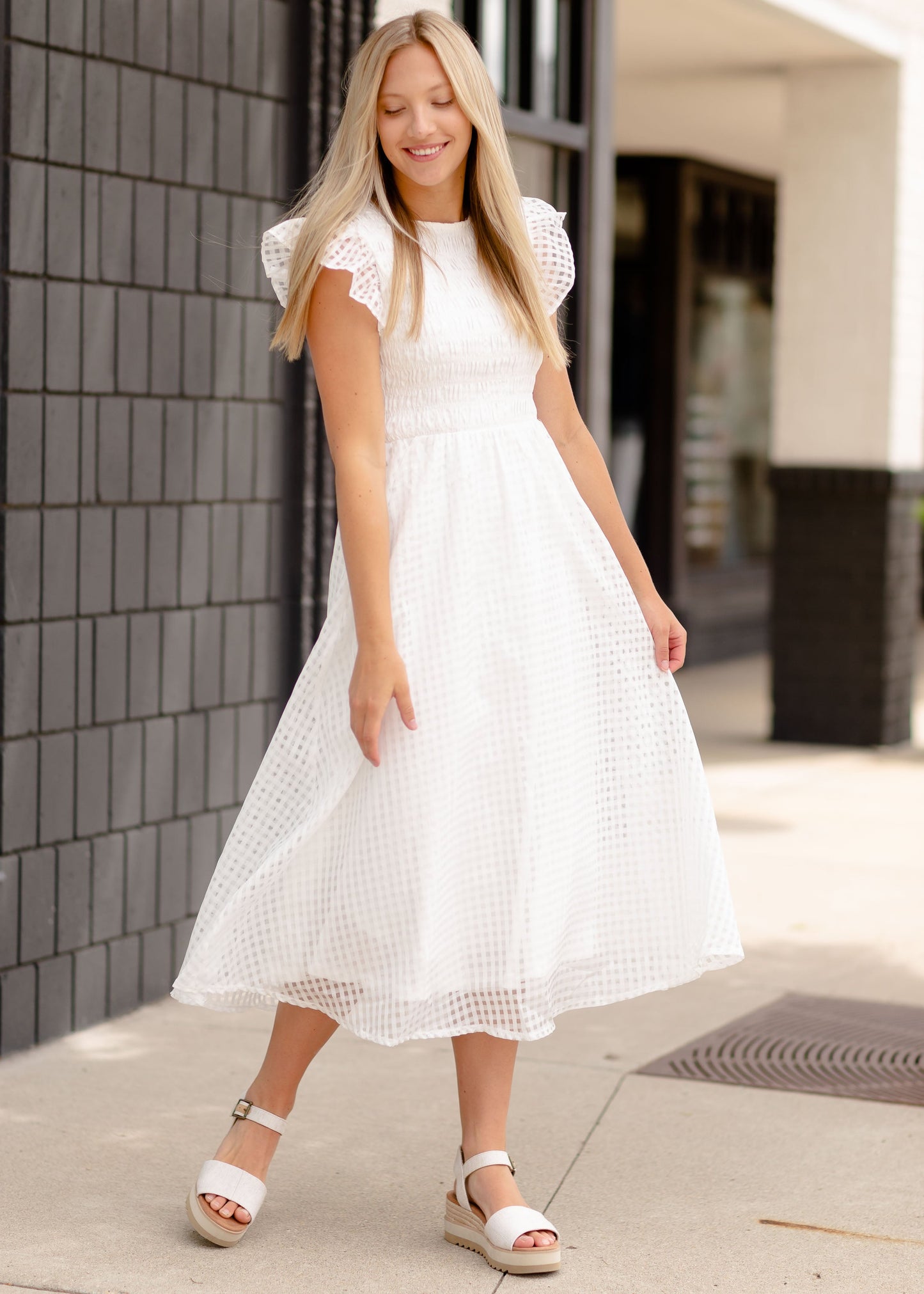 White Smocked Flutter Sleeve Midi Dress Dresses
