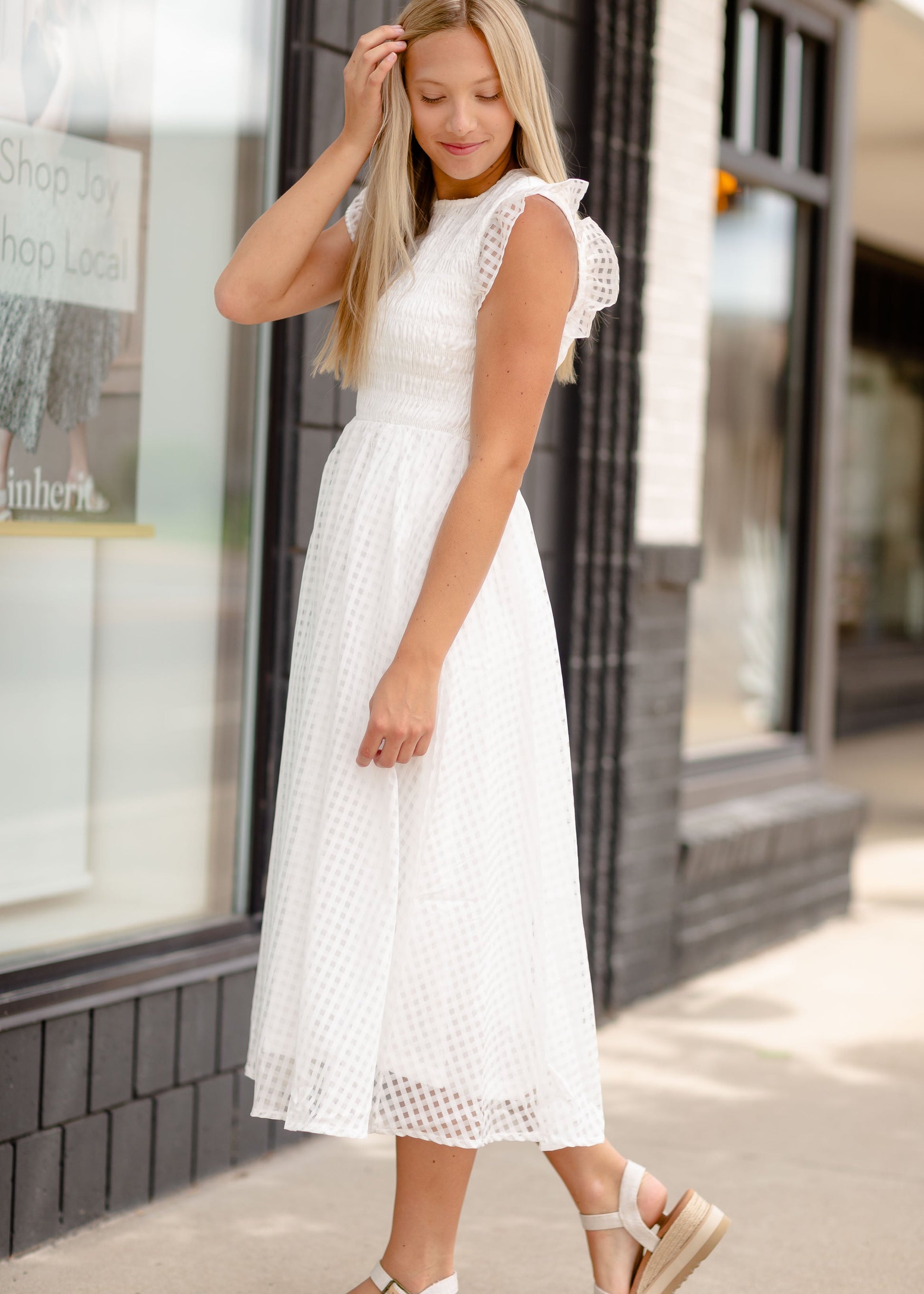 White Smocked Flutter Sleeve Midi Dress Dresses