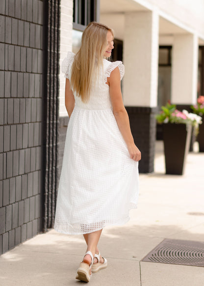 White Smocked Flutter Sleeve Midi Dress Dresses