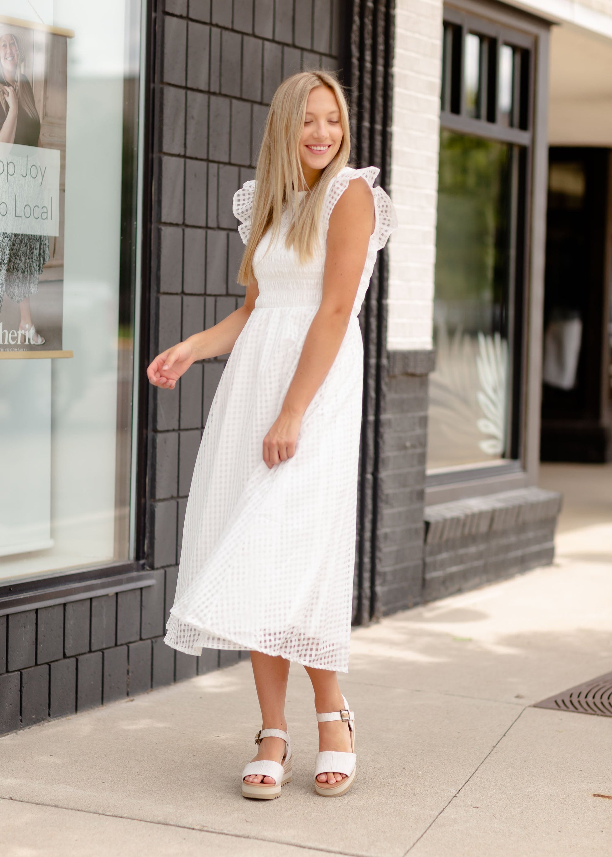 White Smocked Flutter Sleeve Midi Dress Dresses