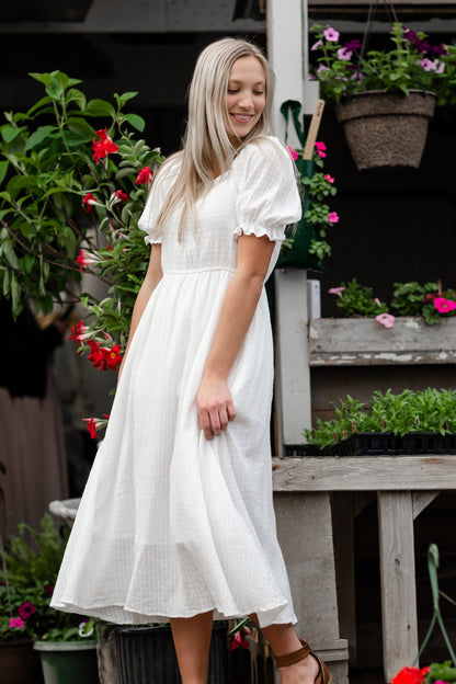 White Square Neck Smocked Bodice Midi Dress Dresses Hayden