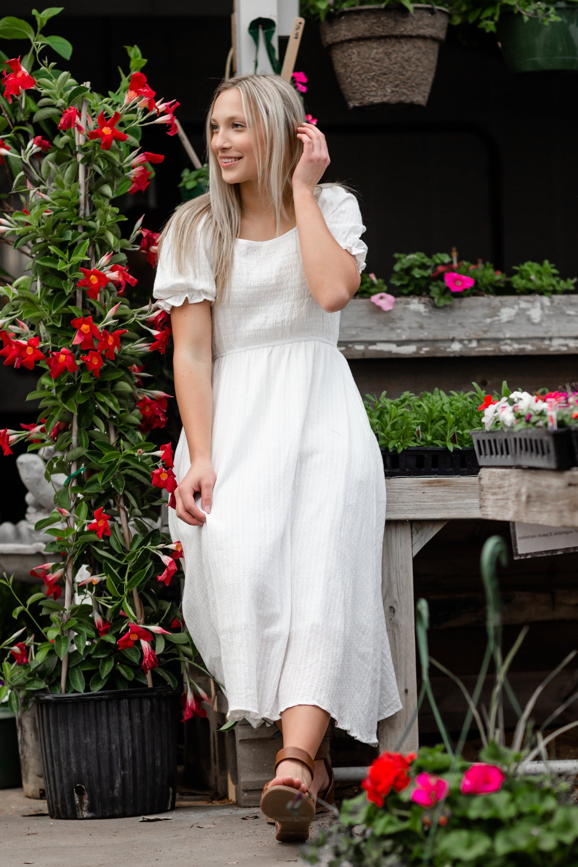 White Square Neck Smocked Bodice Midi Dress Dresses Hayden