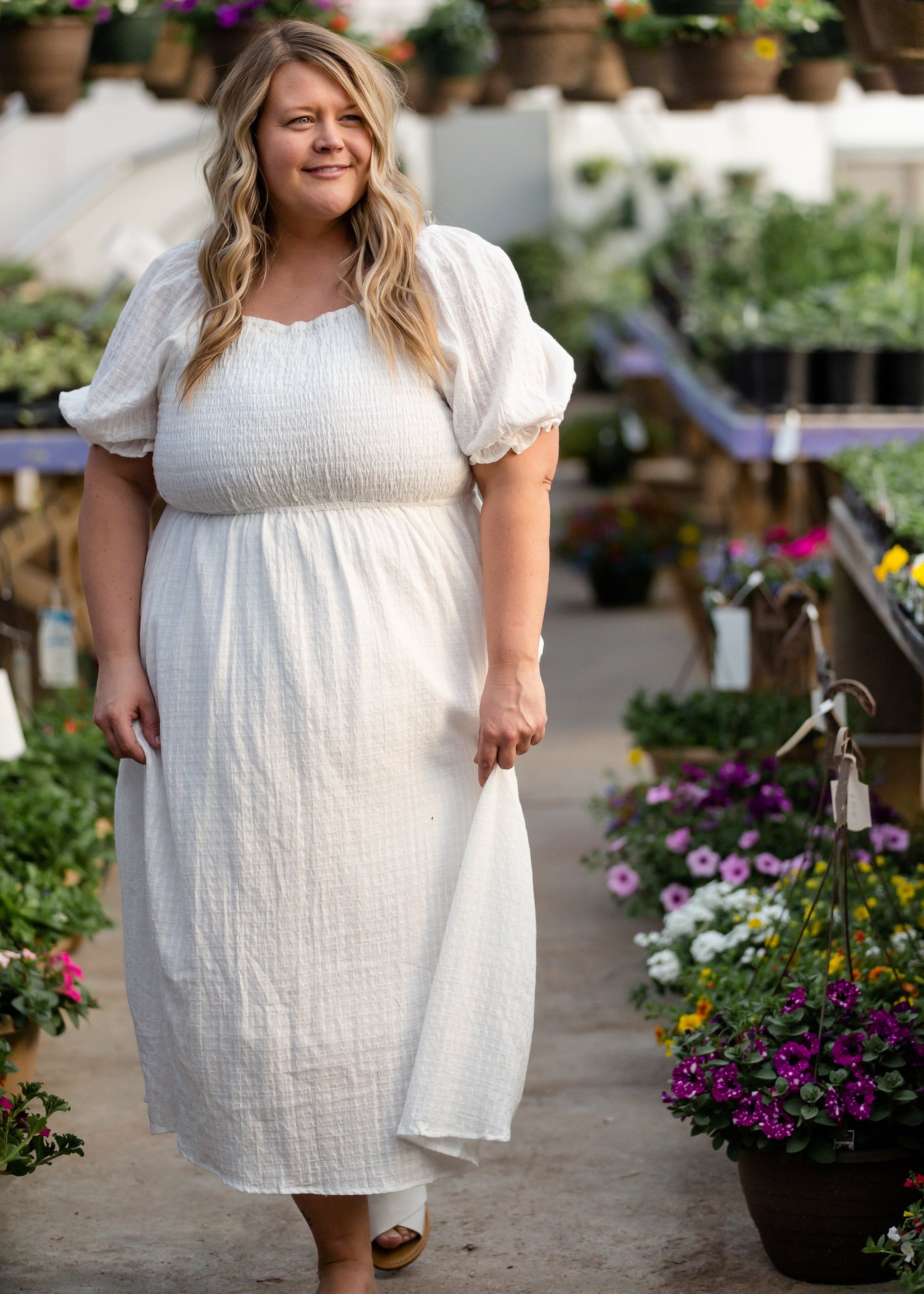 White Square Neck Smocked Bodice Midi Dress Dresses Hayden