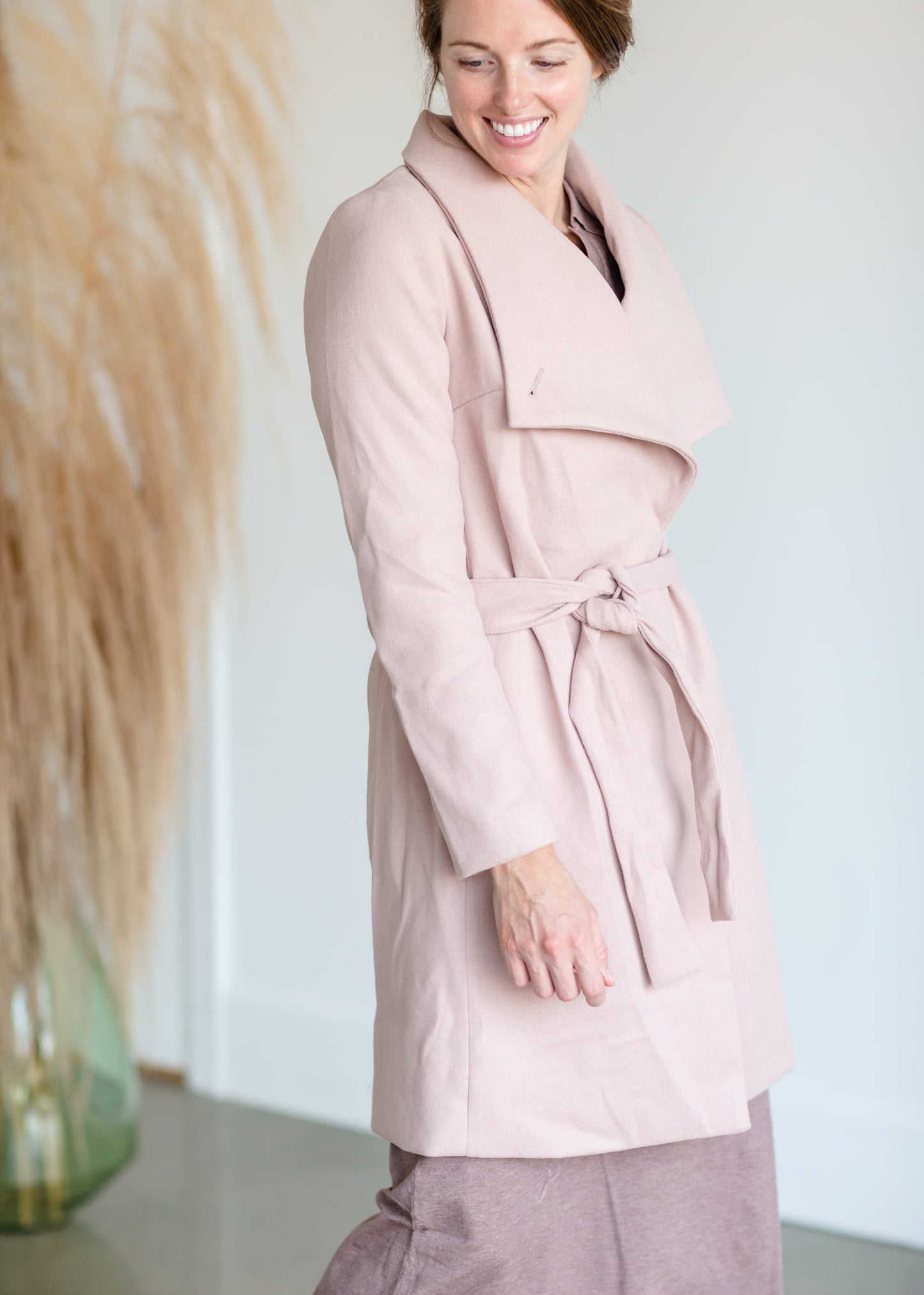 Wide Collar Tie Waist Long Lined Coat Tops Staccato