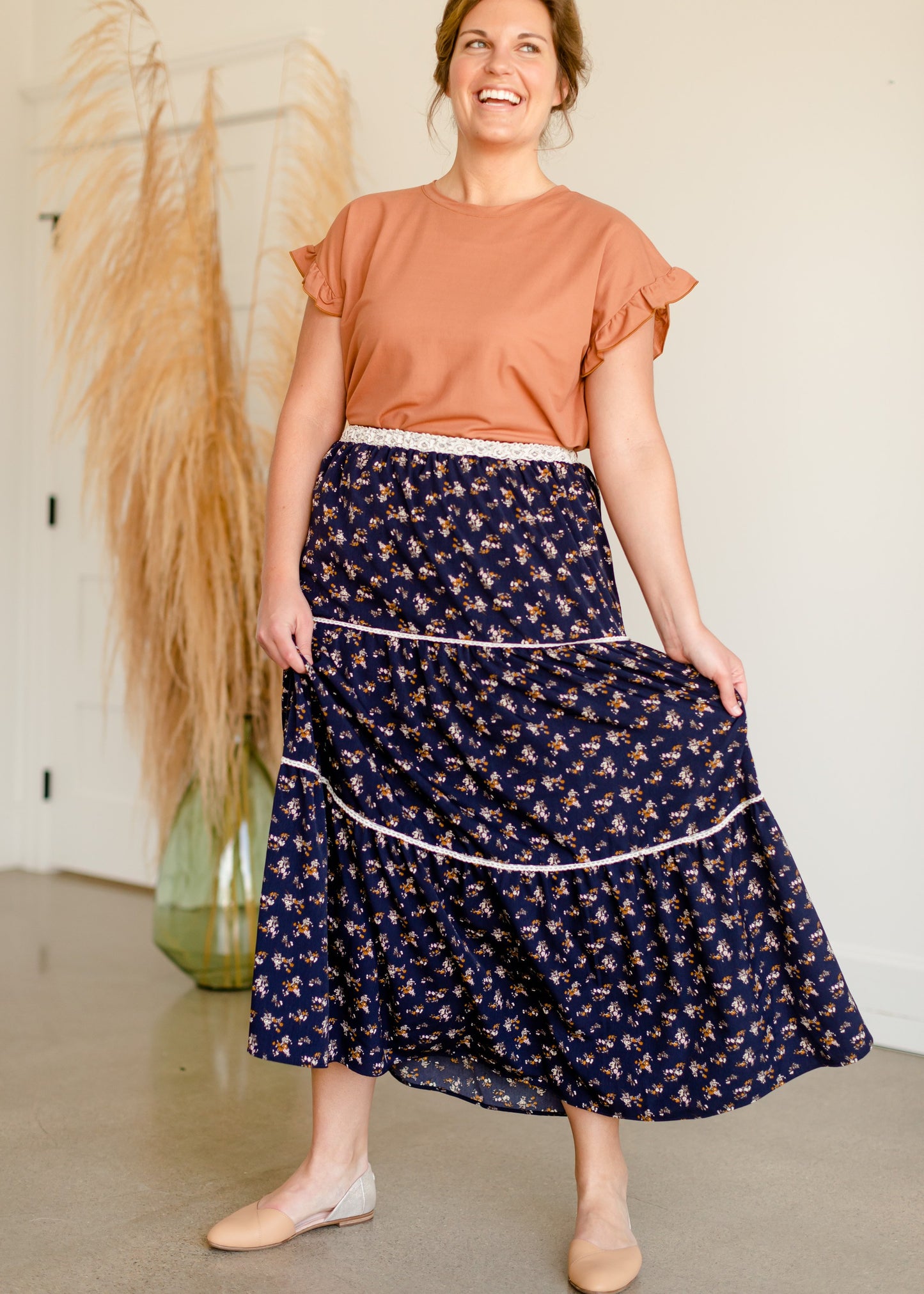 Wilder Navy Floral Tiered Maxi Skirt Skirts Inherit