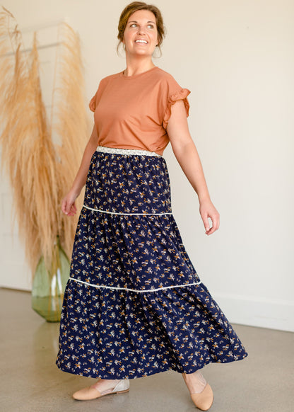 Wilder Navy Floral Tiered Maxi Skirt Skirts Inherit