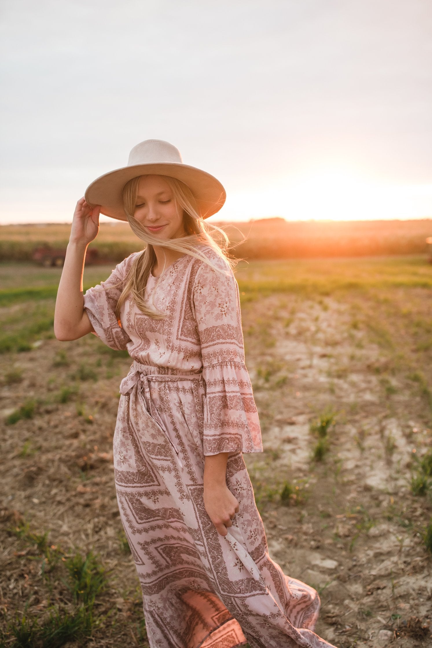 Willa Dusty Rose Flutter Bell Sleeve Maxi Dress Dresses Inherit