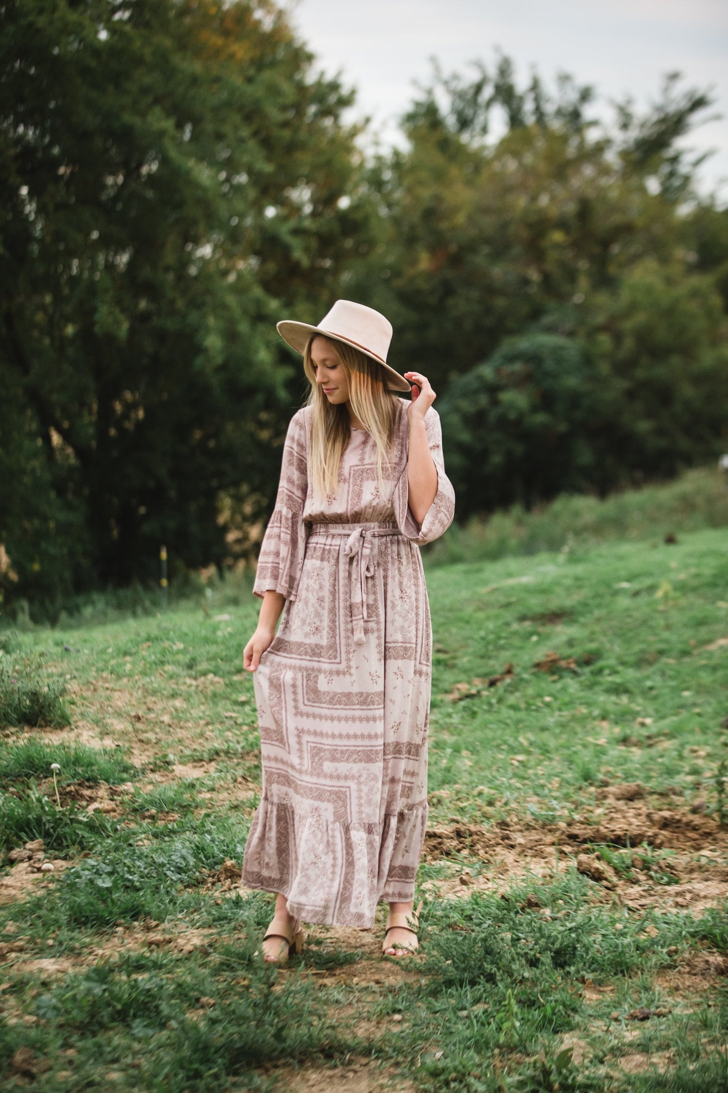 Willa Dusty Rose Flutter Bell Sleeve Maxi Dress Dresses Inherit