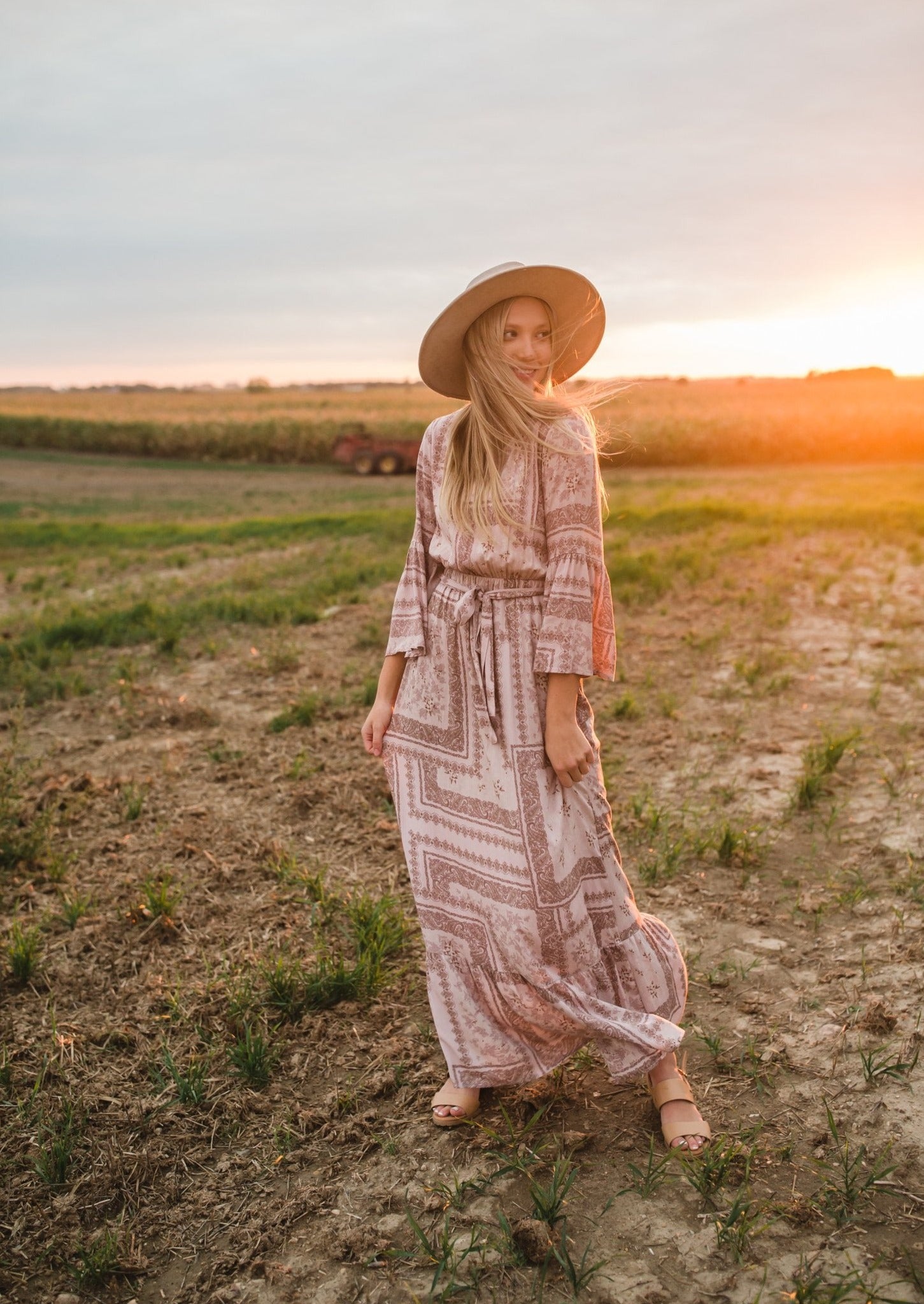 Willa Dusty Rose Flutter Bell Sleeve Maxi Dress Dresses Inherit