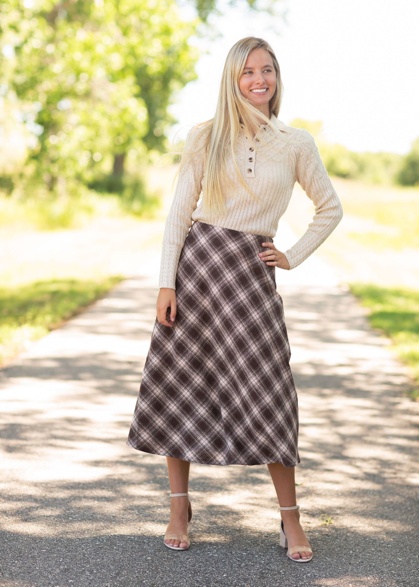 Woven Plaid A-line Midi Skirt Skirts