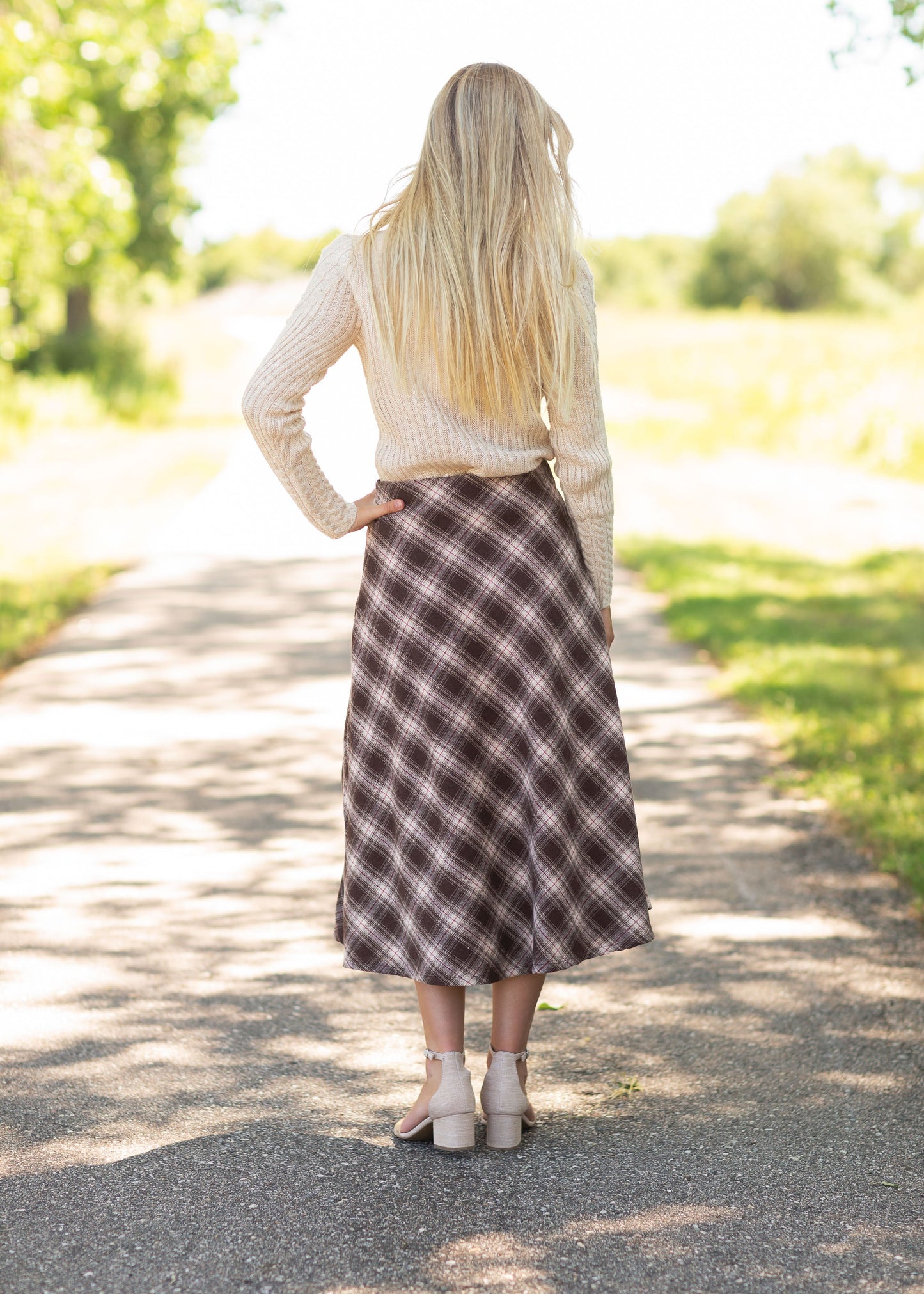 Woven Plaid A-line Midi Skirt Skirts