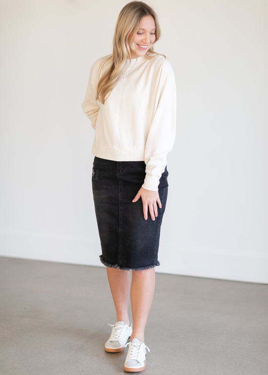 Zoey Frayed Hem Black Denim Midi Skirt Skirts